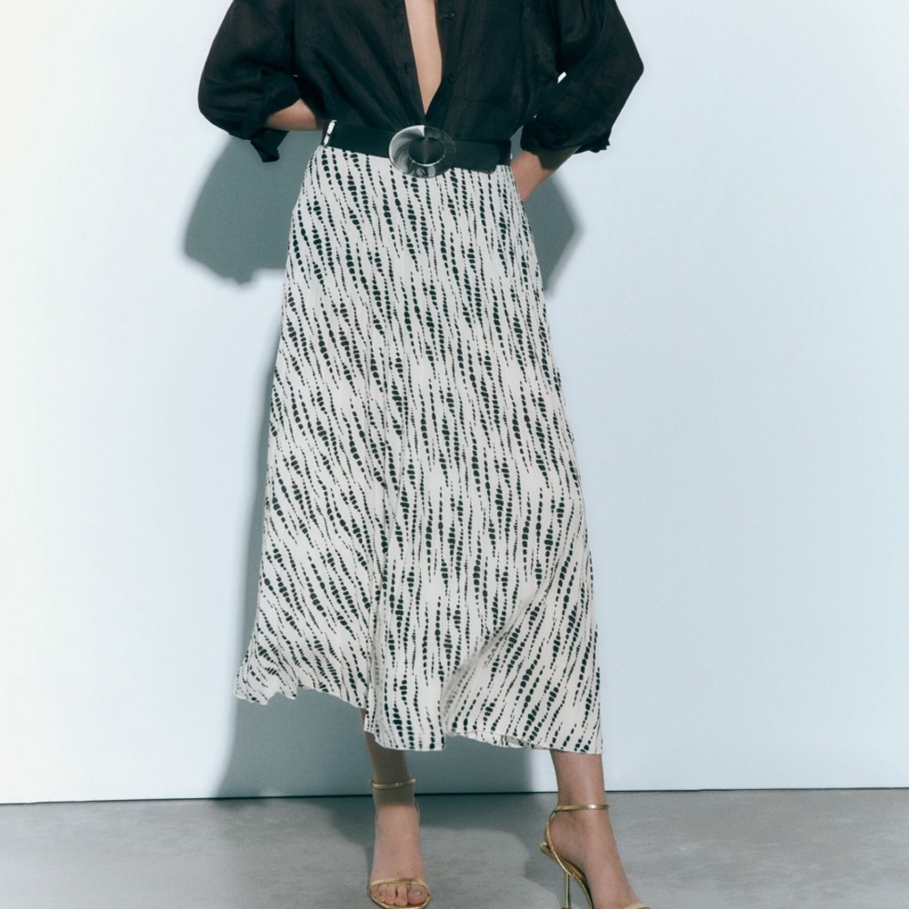Zara Printed Pleated Midi Skirt